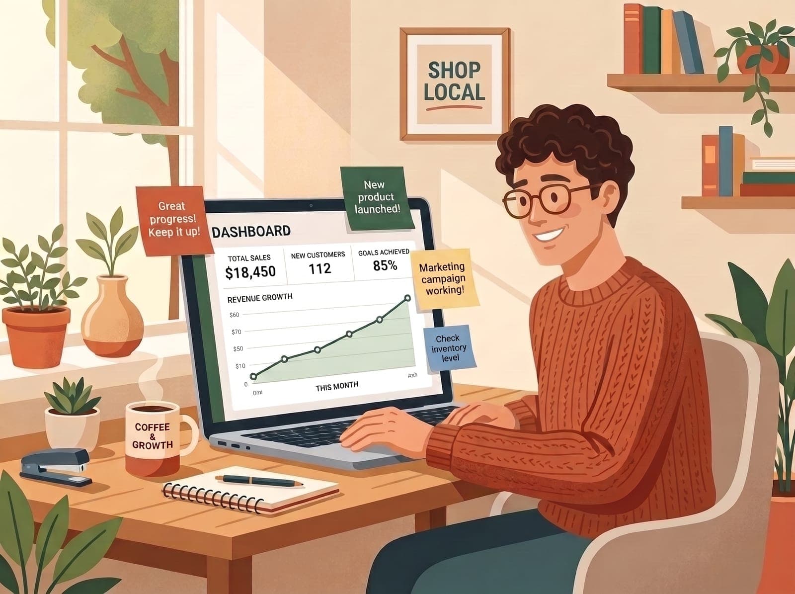 Illustration of a business owner reading a simple, friendly dashboard